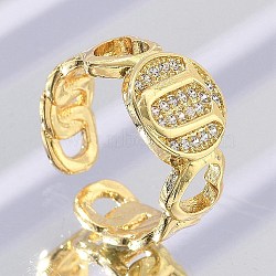 Brass Micro Pave Clear Cubic Zirconia Open Cuff Rings for Women, Letter, Rack Plating, Long-Lasting Plated, Cadmium Free & Lead Free, Real 18K Gold Plated, Letter U, 11.5mm(RJEW-K289-02G-U)