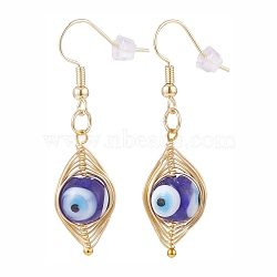 Round Lampwork Evil Eye Braided Dangle Earrings, Brass Wire Wrap Jewelry for Women, Golden, Dark Blue, 46~47mm, Pin: 0.8mm(EJEW-JE04898-02)