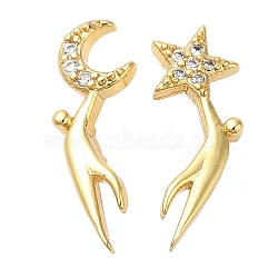 Rack Plating Brass Moon & Star Asymmetrical Earrings, Stud Earrings with Cubic Zirconia, Lead Free & Cadmium Free, Real 18K Gold Plated, 17x6~8mm(EJEW-D061-22G)
