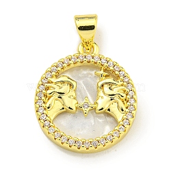 Brass Micro Pave Clear Cubic Zirconia Pendants, with Shell, Real 18K Gold Plated, Gemini, 19.5x16.5x3mm, Hole: 3.5mm(KK-K354-04G-08)