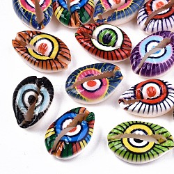 Printed Natural Cowrie Shell Beads, No Hole/Undrilled, with Evil Eye Pattern, Mixed Color, 18~22x13~14x6~8mm(SHEL-S266-17)