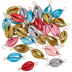 PandaHall Elit 30Pcs Natural Cowrie Shell Connector Charms, with Real 18K Gold Plated Eco-Friendly Copper Wire, Dyed, Shell Shape, Mixed Color, 27~30x11.5~12.5x6~7mm, Hole: 3~3.5mm(FIND-PH0007-95)