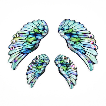 Epoxy Resin Wing Pendants, with Rhinestone & Glitter Powder, Turquoise, 40.5x18.5x2.5mm, Hole: 1mm, Small Wings: 24.5x11x2.5mm