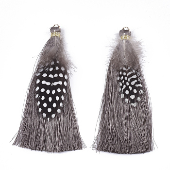 Polyester Tassel Big Pendant Decorations, with Feather and Iron Findings, Gray, 96~100x7mm, Hole: 5mm