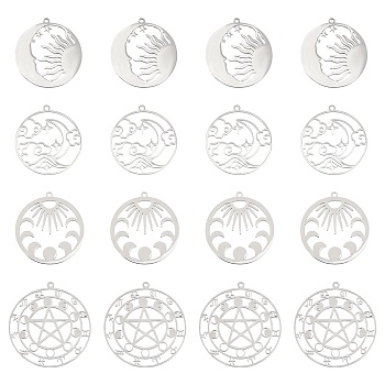 16Pcs 4 Style 201 Stainless Steel Pendants, Laser Cut, Mixed Shape, Stainless Steel Color, 30~37.5x28~35x1mm, Hole: 1.4~1.8mm, 4pcs/style