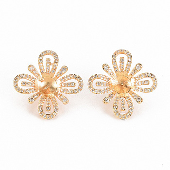 Brass Micro Pave Clear Cubic Zirconia Stud Earring Findings, for Half Drilled Bead, Nickel Free, Flower, Real 18K Gold Plated, 17.5x17mm, Pin: 0.7mm, pin: 0.8mm(for half drilled bead)