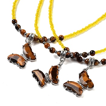 Natural Tiger Eye Faceted Butterfly  Pendant Necklaces, Glass Seed Beaded Necklaces for Women, 18.82 inch(47.8cm)