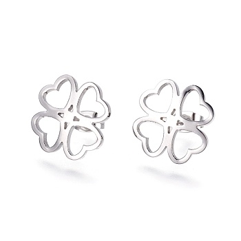 304 Stainless Steel Stud Earrings, Hypoallergenic Earrings, with Ear Nuts/Earring Back, Clover, Stainless Steel Color, 16.5x16.5x1mm, Pin: 0.6mm, 6pairs/card
