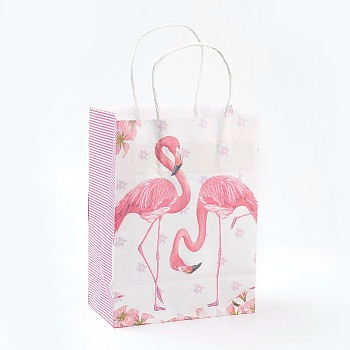Rectangle Paper Bags, with Handles, Gift Bags, Shopping Bags, Flamingo Shape Pattern, For Valentine's Day, Misty Rose, 27x21x11cm