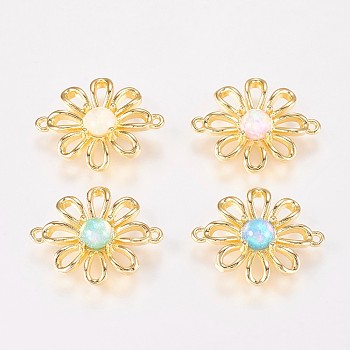 Brass Flower Links connectors, with Synthetic Opal Stamen, Golden Plated, Mixed Color, 19x15.5x3.5mm, Hole: 1.2mm