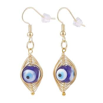 Round Lampwork Evil Eye Braided Dangle Earrings, Brass Wire Wrap Jewelry for Women, Golden, Dark Blue, 46~47mm, Pin: 0.8mm