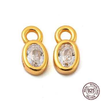 Real 18K Gold Plated 925 Sterling Silver Charms, with Clear Cubic Zirconia, with S925 Stamp, Oval, 6x3x2mm, Hole: 1.2mm