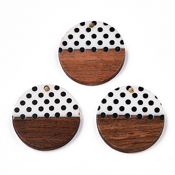 Printed Opaque Resin & Walnut Wood Pendants, Flat Round Charm with Polka Dot Pattern, White, 28x3.5mm, Hole: 2mm