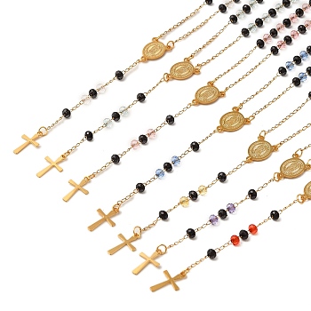 201 Stainless Steel & Glass Rosary Bead Necklaces for Women, Golden, Mixed Color, 21.65 inch(55cm)