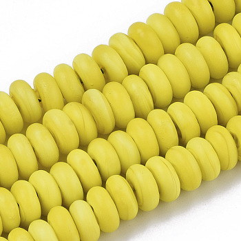 Handmade Frosted Lampwork Beads Strands, Rondelle, Yellow, 8x3.5~4.5mm, Hole: 1.5mm, about 108pcs/Strand, 15.75 inch