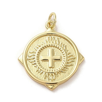 Brass Pendants, with Jump Ring, Flat Round with Cross, Real 14K Gold Plated, 23.5x21x2mm, Hole: 3.2mm