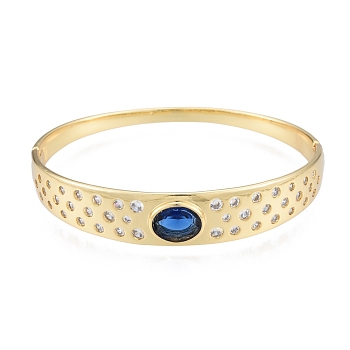 Cubic Zirconia Oval Hinged Bangle, Real 18K Gold Plated Brass Jewelry for Women, Medium Blue, Inner Diameter: 2-1/8x2-3/8 inch(5.3x6cm)