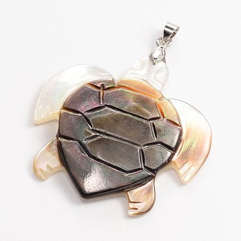 Turtle Black Lip Shell Pendants, with Platinum Plated Brass Finding, 39x40x4mm, Hole: 5x3mm