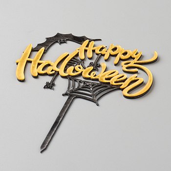 Acrylic Halloween Cake Insert Card Decoration, with Self Adhesive, for Halloween Cake Decoration, Word Happy Halloween with Bat & Spider & Spider Web, Orange, 140x105x1mm