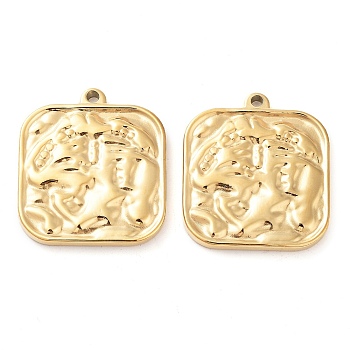 304 Stainless Steel Pendants, Textured, Square Charm, Real 14K Gold Plated, 24x21.5x2.5mm, Hole: 1.6mm