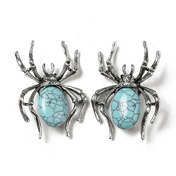 Dual-use Items Alloy Pave Jet Rhinestone Spider Brooch, with Synthetic Turquoise, Antique Silver, 57.5x41.5x12mm, Hole: 4.5x4mm