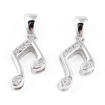 Rhodium Plated 925 Sterling Silver Micro Pave Clear Cubic Zirconia Musical Note Charms wit S925 Stamp, Real Platinum Plated, 15x8.5x3.5mm, Hole: 2.5x4mm