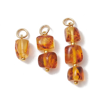 3Pcs 3 Styles Natural Amber Pendants, Cube Beaded Charms with 304 Stainless Steel Loops, Real 18K Gold Plated, Goldenrod, 11~25x5~7x5~6mm, Jump Ring: 5x0.8mm, Inner Diameter: 3.5mm, 1pc/style