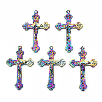 Rainbow Color Alloy Big Pendants, Cadmium Free & Lead Free, for Religion, Cross with Jesus, 58x36x4.5mm, Hole: 2.5mm