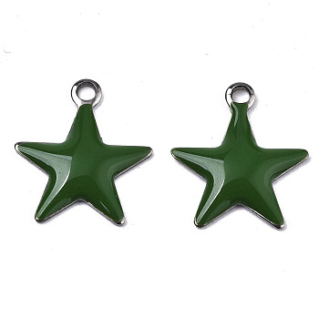 201 Stainless Steel Enamel Charms, Star, Stainless Steel Color, Dark Green, 14.5x12.5x2mm, Hole: 1.5mm