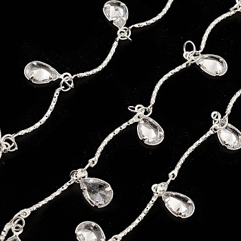 Brass Curved Bar Link Chains, with Clear Cubic Zirconia Teardrop Charms, Unwelded, with Spool, Silver, 18x1mm