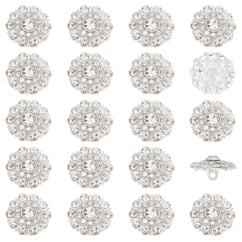 20Pcs 1-Hole Alloy Shank Buttons, with Rhinestone, for Garment Accessories, Silver, 18x10mm, Hole: 2mm