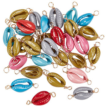 PandaHall Elit 30Pcs Natural Cowrie Shell Connector Charms, with Real 18K Gold Plated Eco-Friendly Copper Wire, Dyed, Shell Shape, Mixed Color, 27~30x11.5~12.5x6~7mm, Hole: 3~3.5mm
