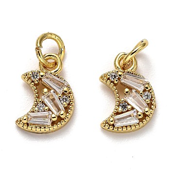 Brass Micro Pave Cubic Zirconia Charms, with Jump Rings, Long-Lasting Plated, Moon, Real 18K Gold Plated, 12x7.5x2.5mm, Hole: 3mm