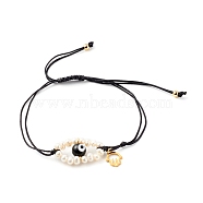Adjustable Nylon Thread Braided Bead Bracelets, with 304 Stainless Steel Hamsa Hand Charms and Evil Eye Natural Freshwater Shell Beads, Evil Eye Lampwork Round Beads, Black, Inner Diameter: 1-1/2~4 inch(3.8~10.2cm)(BJEW-JB06262-02)