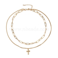 Vacuum Plating 304 Stainless Steel Double Chains Multi Layered Necklace with Cross Charm for Women, Golden, 16.34 inch(41.5cm)(STAS-E155-12G)