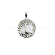 Natural Quartz Crystal Pendants, Rock Crystal Pendants, Tree of Life Charms with Platinum Plated Alloy Findings, 31x27mm(FIND-PW0025-04J)