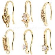 12 Pairs 6 Style Brass Micro Pave Clear Cubic Zirconia Earring Hooks, Ear Wire, with Horizontal Loops, Leaf & Rectangle, Real 18K Gold Plated, 15~18mm, Hole: 1~1.2mm, Pin: 0.8~1.2mm, 2 Pairs/style(ZIRC-BBC0002-23)