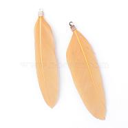 Goose Feather Pendants, Big Pendants, with Iron Findings, Golden, Dyed, Navajo White, 72~82x12~19mm, Hole: 1.5mm(FIND-Q055-G11)