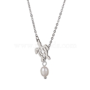 Natural Pearl & Hollow Turtle Lariat Necklaces, with 304 Stainless Steel Cable Chains, Stainless Steel Color, 24.57 inch(62.4cm)(NJEW-JN04528-02)