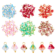 120Pcs 6 Colors Electroplate Glass Charms, with Golden Plated Brass Findings and Glass Pearl Round Beads, Trumpet Flower, Mixed Color, 14x9x9mm, Hole: 2.5mm, 20pcs/color(FIND-CA0005-92)