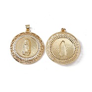 Brass Micro Pave Clear Cubic Zirconia Pendants, Cadmium Free & Nickel Free & Lead Free, Rack Plating, Flat Round with Virgin Pattern, Real 18K Gold Plated, 34x31.5x5.5mm, Hole: 3x5mm(KK-G439-09G)