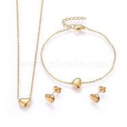 304 Stainless Steel Jewelry Sets, Pendant Necklaces & Stud Earrings & Bracelets, Heart, Golden, 16.93 inch(43cm), 6-3/4 inch(17cm), 7x9x2.5mm, Pin: 0.8mm(SJEW-H144-23G)