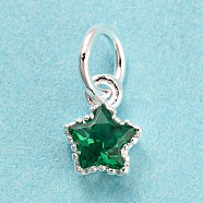925 Sterling Silver Charms, with Cubic Zirconia, Faceted Star, Silver, Green, 7x5x2.5mm, Hole: 3mm(STER-G035-01C-02)