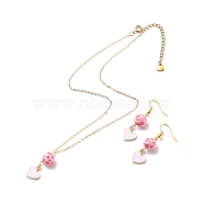 Alloy Enamel Heart with Resin Beaded Pendant Necklace Dangle Earrings, Valentine Theme Jewelry for Kids, Pink, 15.98 inch(40.6cm), 47mm(SJEW-JS01249)