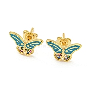 Butterfly Real 18K Gold Plated Brass Stud Earrings, with Enamel and Cubic Zirconia, Teal, 8x12.5mm(EJEW-L269-096G-01)