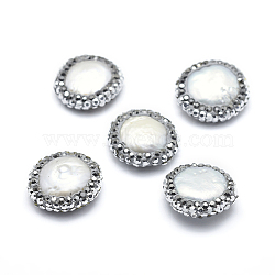 Natural Cultured Freshwater Pearl Beads, with Polymer Clay Rhinestone, Flat Round, White, 15~17x5~7mm, Hole: 0.8mm(RB-A062-017)