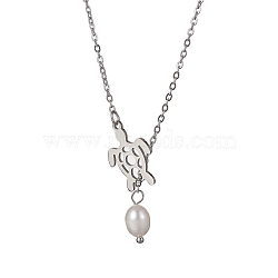 Natural Pearl & Hollow Turtle Lariat Necklaces, with 304 Stainless Steel Cable Chains, Stainless Steel Color, 24.57 inch(62.4cm)(NJEW-JN04528-02)