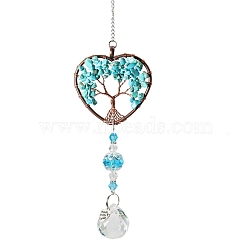 Big Pendant Decorations, Hanging Sun Catchers, with Synthetic Turquoise Beads and K9 Crystal Glass, Heart with Tree of Life, 355mm(HJEW-SZ0001-32C)