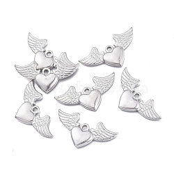 Valentine's Day 304 Stainless Steel Pendants, Heart with Wings, Stainless Steel Color, 20.3x40x3.5mm, Hole: 2.8mm(STAS-K207-45P)