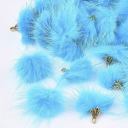 Faux Mink Fur Tassel Pendant Decorations, with Alloy Findings, Antique Golden, Deep Sky Blue, 20~30x28~30mm, Hole: 1.8mm(FIND-S300-37F)